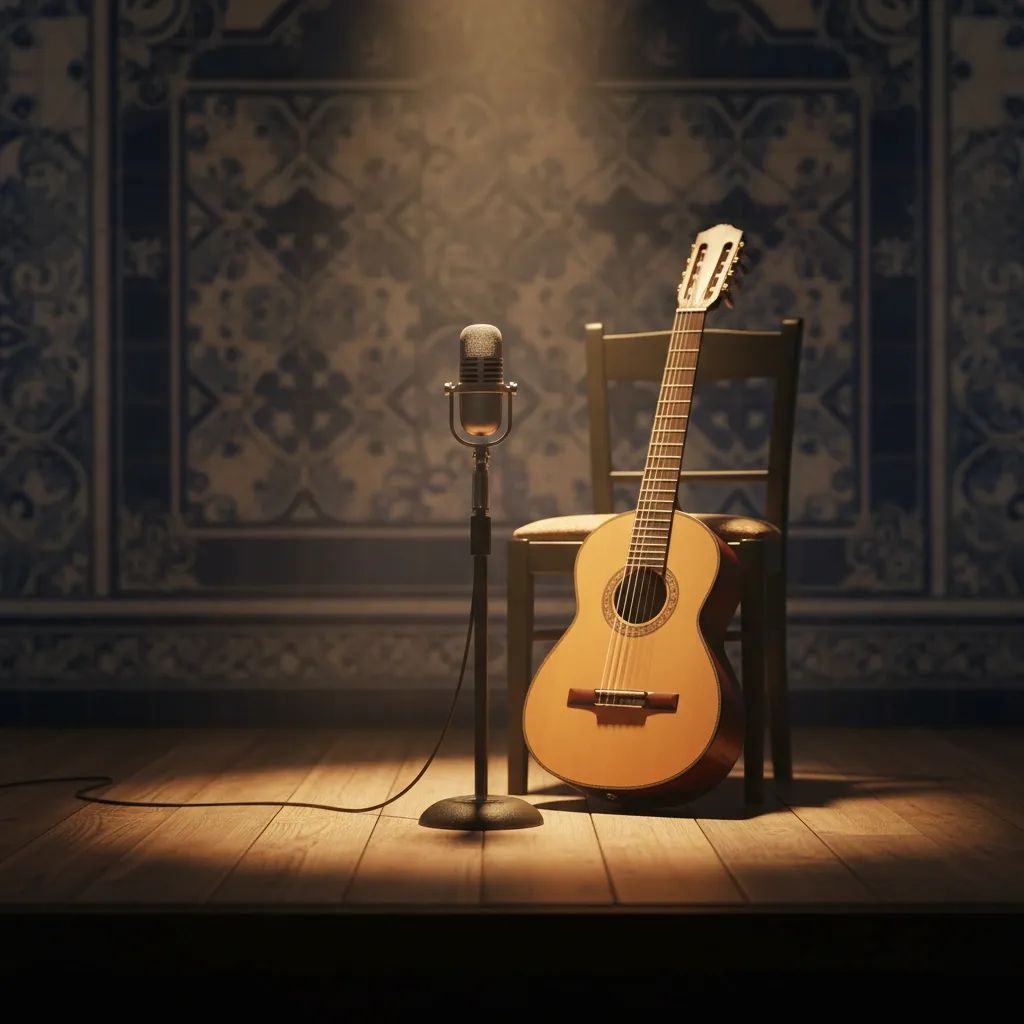 Vintage microphone and Portuguese guitarra on dimly lit fado stage honoring singer Maria Alcina