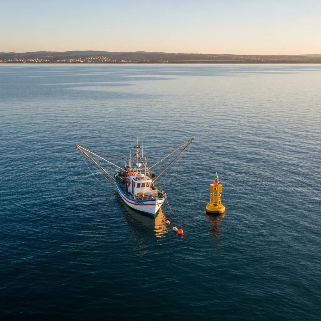 Aerial view of a pole-and-line fishing boat near a marine protected area buoy off the Portuguese coast