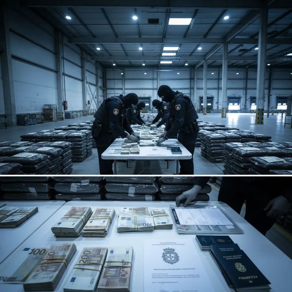 Portuguese law enforcement seizing contraband tobacco and cash during organized crime investigation