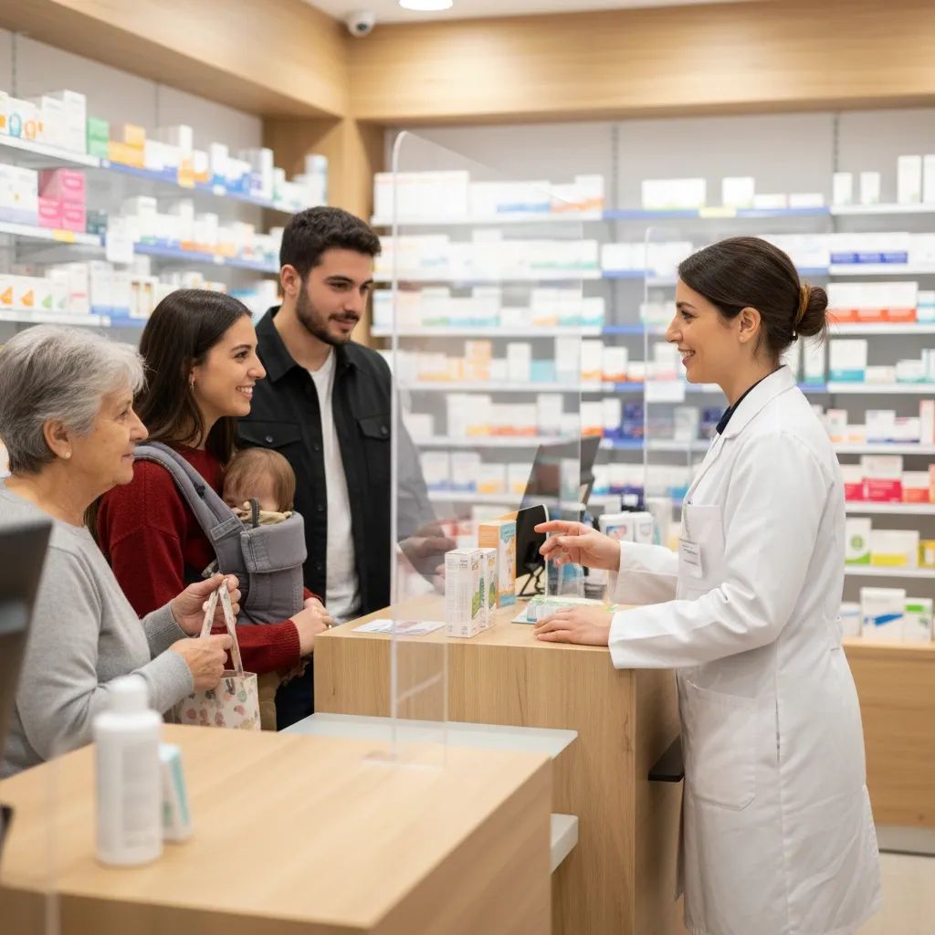 Pharmacist assisting customer at Portuguese pharmacy with medicine shelves visible