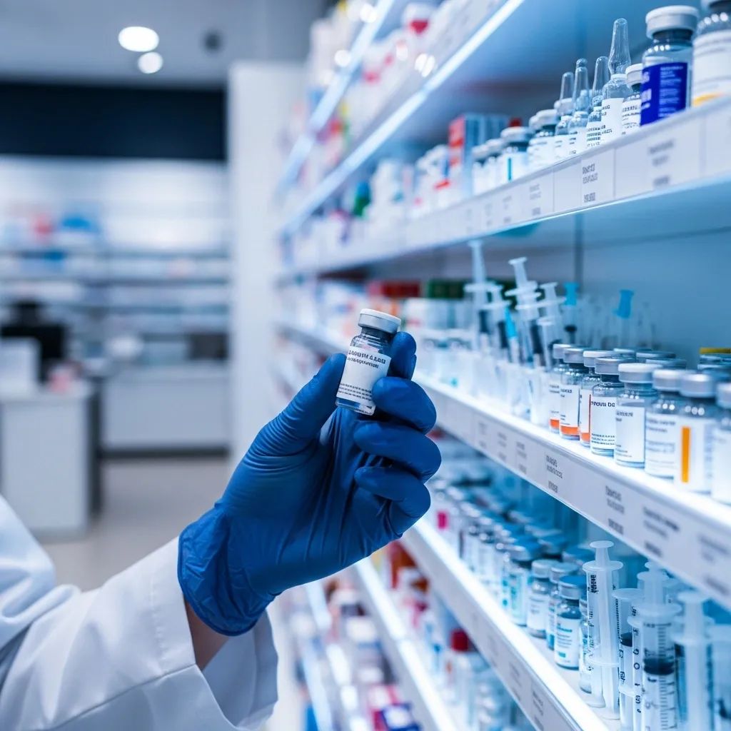 Pharmacist selecting a weight-loss injection vial on a pharmacy shelf in Portugal