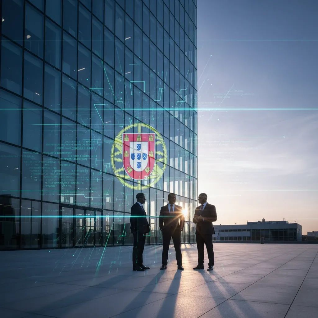 Prosecutors in suits outside a social media office with digital code overlay