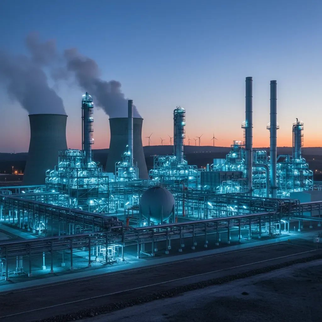 Modern industrial refinery complex with cooling towers and production infrastructure at evening light