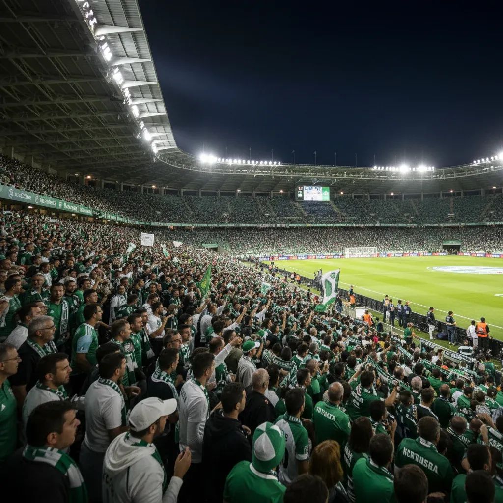 Fans entering a floodlit Portuguese football stadium ahead of a cup semi-final