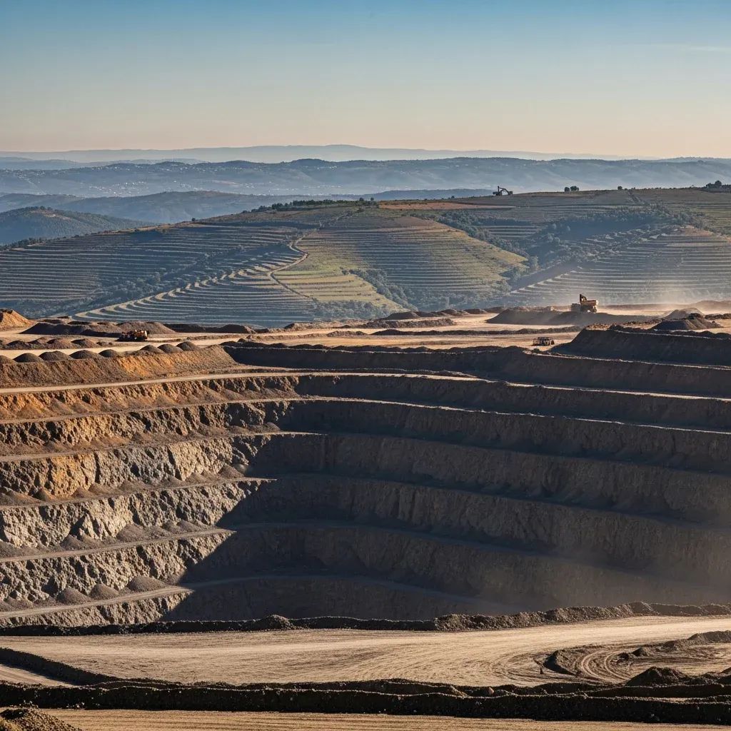 Open-pit lithium mine in Portugal's Barroso highlands with terraced farmland in background