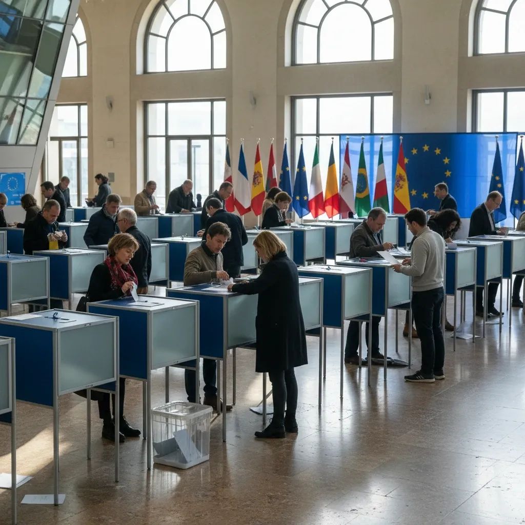 European voters at polling stations during parliamentary elections with EU institutional setting