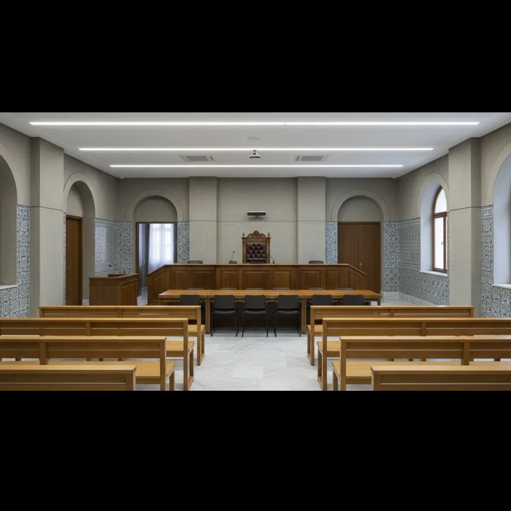 Empty Portuguese courthouse interior showing judge's bench and formal legal setting