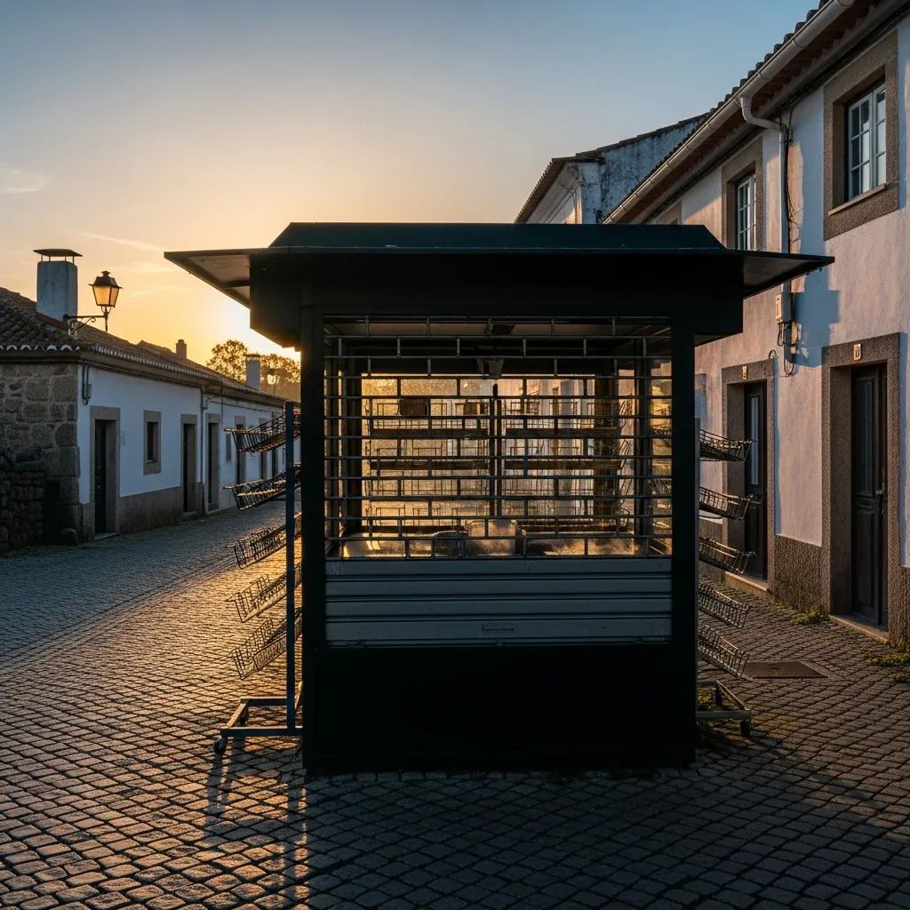 Closed newsstand in a rural Portuguese village street at dawn